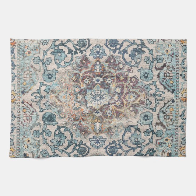 Motifs Orientaux en Bleu et Beige Tea Towel (Horizontal)