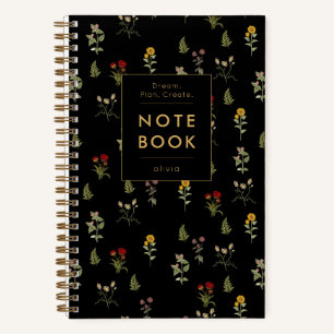 Motivation Elegant Floral Black Gold Notebook