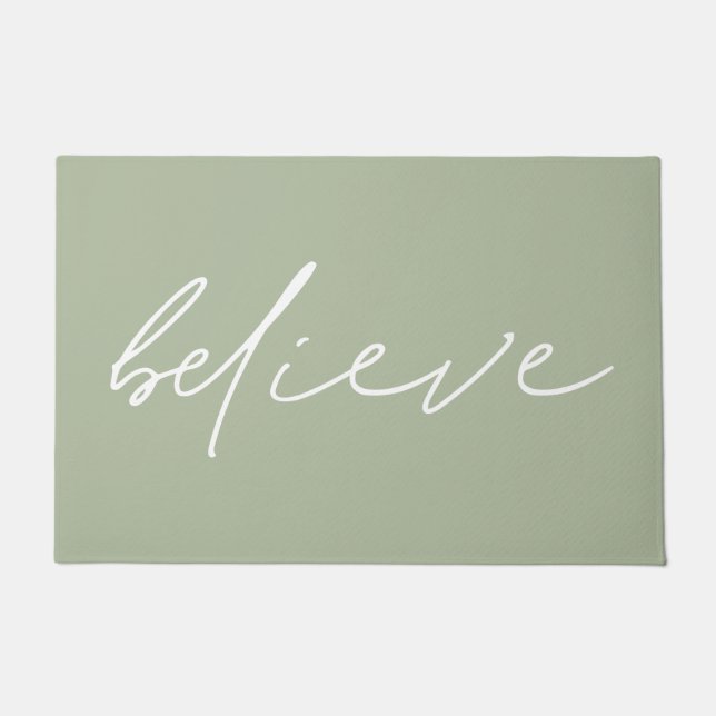 Motivational Believe Script Sage Green Doormat (Front)