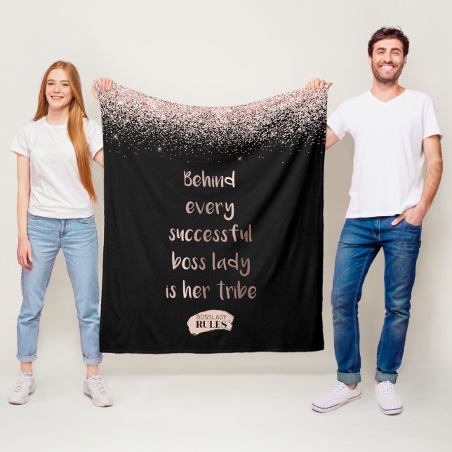 Motivational Boss Lady Rose Gold Glitter Black Fleece Blanket (In Situ)