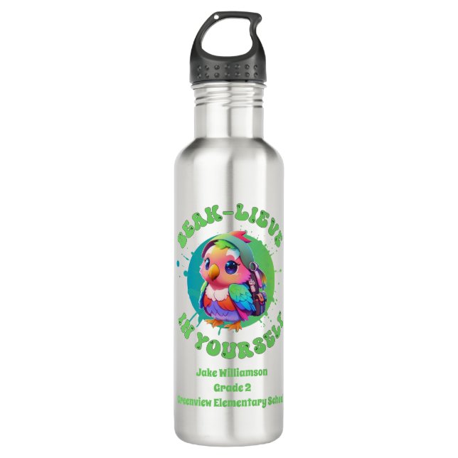 Motivational Chibi Kawaii Parrot Name School Year  710 Ml Water Bottle (Front)