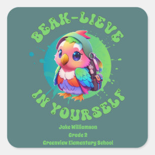 Motivational Chibi Kawaii Parrot Name School Year  Square Sticker