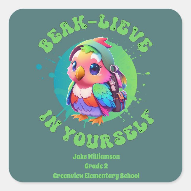 Motivational Chibi Kawaii Parrot Name School Year  Square Sticker (Front)