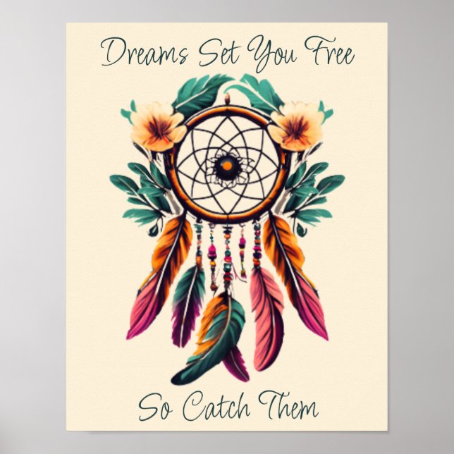 Motivational Dream Catcher Floral Watercolor Art Poster (Front)
