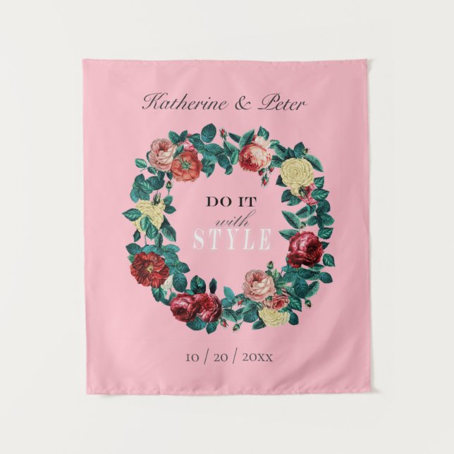 Motivational Elegant Vintage Roses Wreath Tapestry (Front)