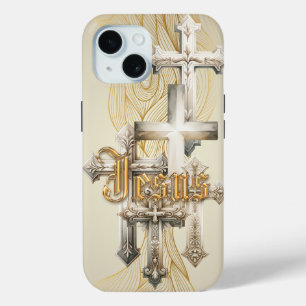 Motivational Faith Beige/Grey Crosses Gold Jesus iPhone 15 Case