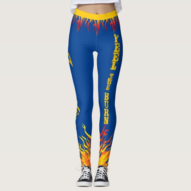 Motivational Flames Golden Yellow Script DEEP BLUE Leggings (Front)