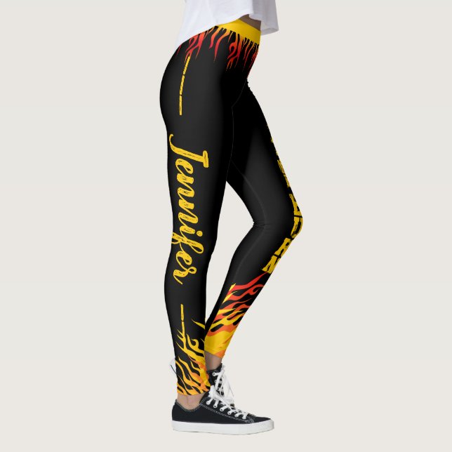 Motivational Flames with Name in Script on BLACK Leggings (Right)
