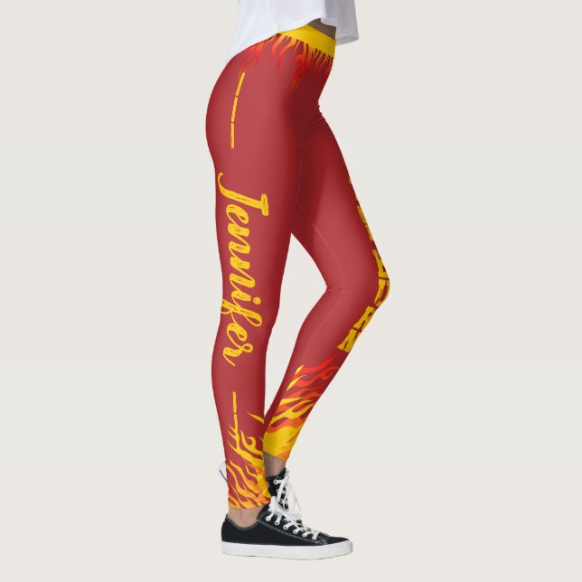 Motivational Flames with Name YELLOW Script on RED Leggings (Right)