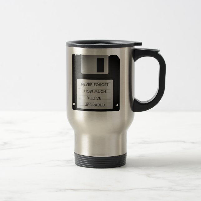 Motivational Floppy Disc Upgrade Quote Travel Mug (Right)