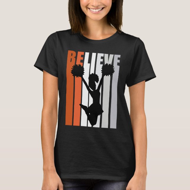 Motivational Girls Cheerleading Womens Believe Ora T-Shirt (Front)