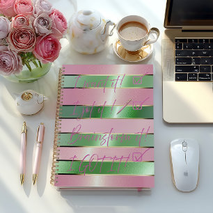 Motivational Luxe Pink and Green Striped  Notebook