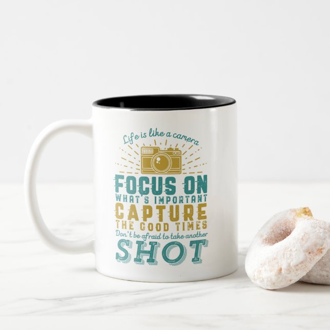 Motivational Photography Quote Life Is Like Camera Two-Tone Coffee Mug (With Donut)