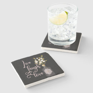 Motivational Quote Art w/ Flowers -Live Laugh Love Stone Coaster
