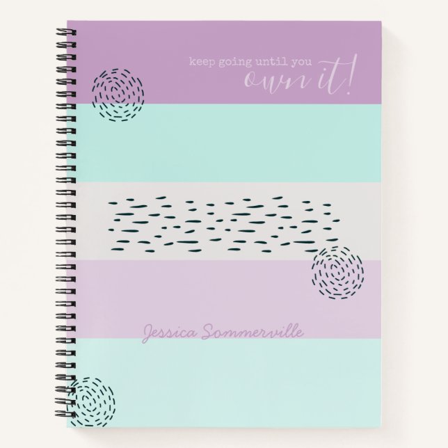 Motivational Quote Doodle and Stripe Lilac Mint Notebook (Front)
