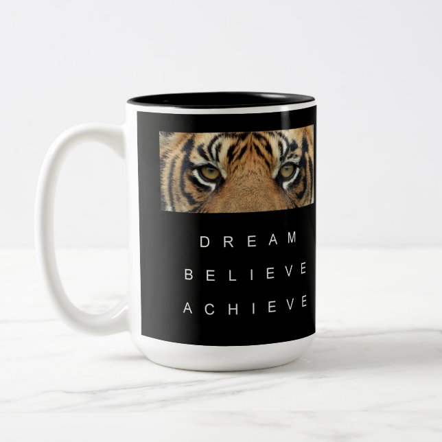 Motivational Quote Dream Believe Achieve Tiger Eye Two-Tone Coffee Mug (Left)