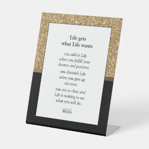 Motivational Quote Luxe Gold Glitter and Black Pedestal Sign
