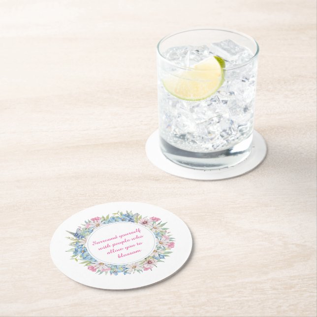Motivational Quote Pink White Blue Floral Wreath Round Paper Coaster (Insitu)