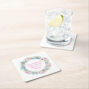 Motivational Quote Pink White Blue Floral Wreath Square Paper Coaster