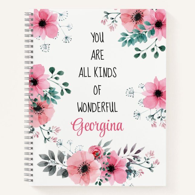 Motivational Quote Watercolor Pink Floral Custom Notebook (Front)
