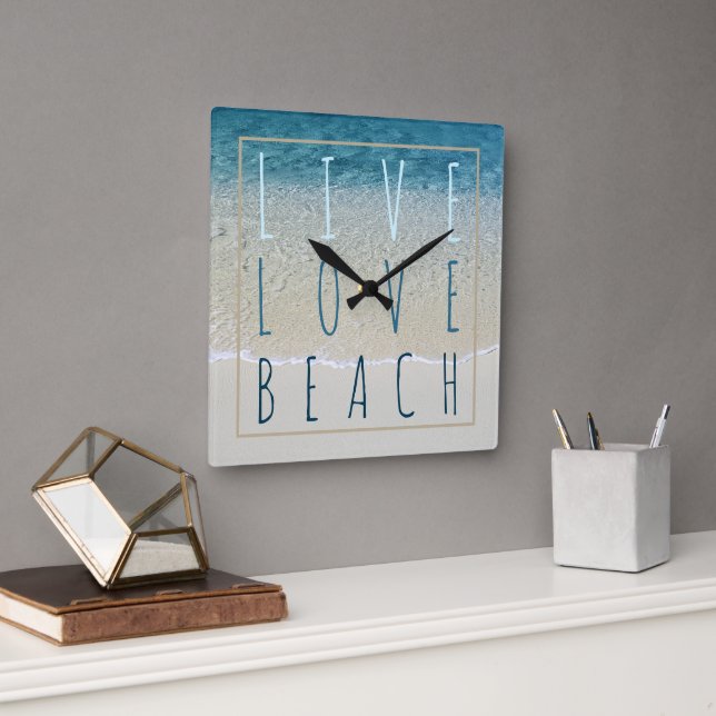 Motivational Turquoise Blue Ocean Surf Waves Photo Square Wall Clock (Office)