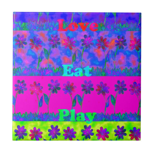 Motivational Vibrant "Eat Love & Play" Art Print Tile (Front)