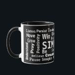 Motivational Word Cloud On Black Mug<br><div class="desc">White word cloud text design with motivational words on a black background.
Background colour can be changed.</div>