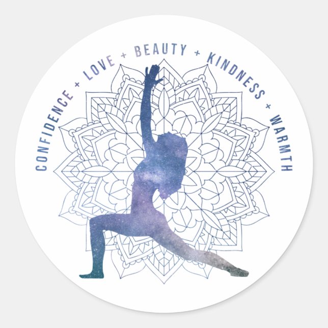 Motivational words for confidence yoga pose blue classic round sticker (Front)
