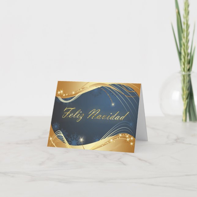 Motivo dorado de Navidad con fondo azul Holiday Card (Front)