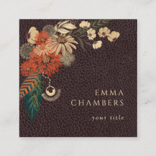 Moto Boho Floral Brown Leather Business Card