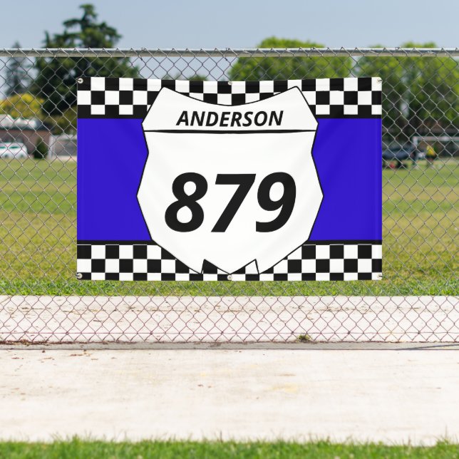 Motocross Custom Dirt Bike Number Plate on Blue Banner (Insitu)