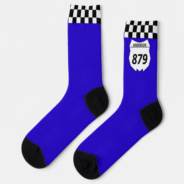 Motocross Custom Dirt Bike Number Plate on Blue Socks (Left)