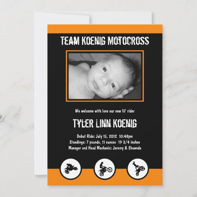 Motocross Dirt Bike Birth Announcement (Orange) (Front)