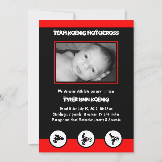 Motocross Dirt Bike Birth Announcement (Red/Black) (Front)