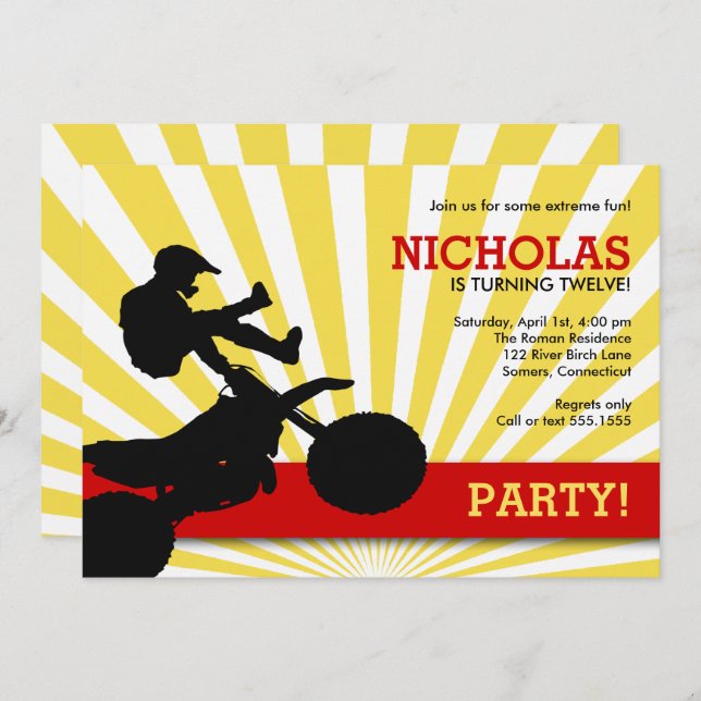 Motocross Dirtbike Invitation, Yellow and Red Invitation (Front/Back)