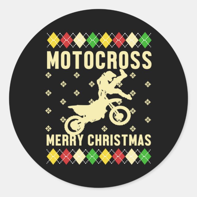 Motocross Merry Christmas Ugly Xmas Motorcycle Gif Classic Round Sticker (Front)