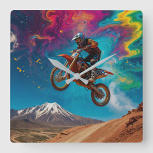Motocross Racer on Mountain Slope Square Wall Clock