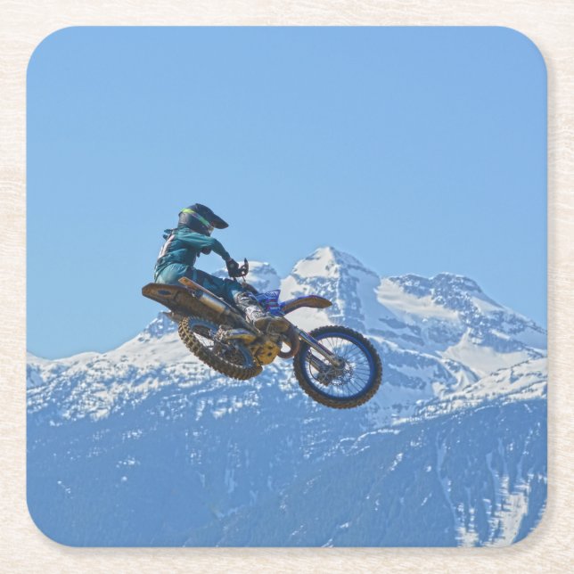 Motocross Rider Flying over Mountain Square Paper Coaster (Front)