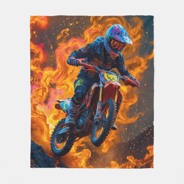 Motocross Rider on a Volcano Fleece Blanket (Front)