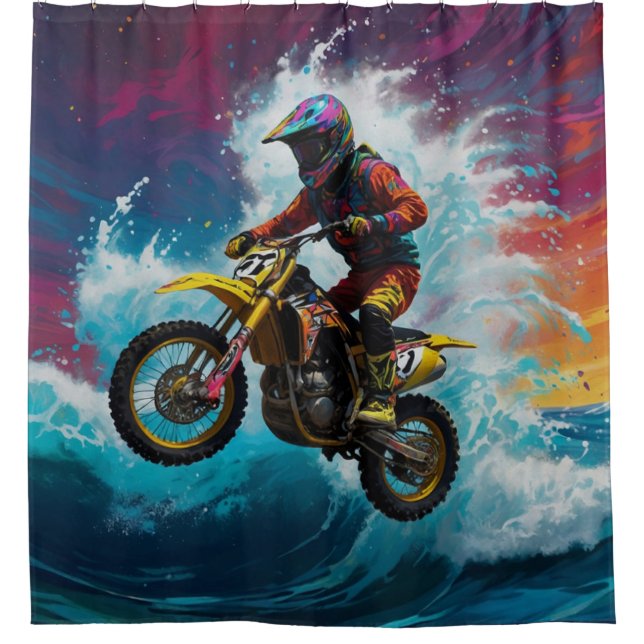 Motocross Rider Racing the Waves Shower Curtain (Front)