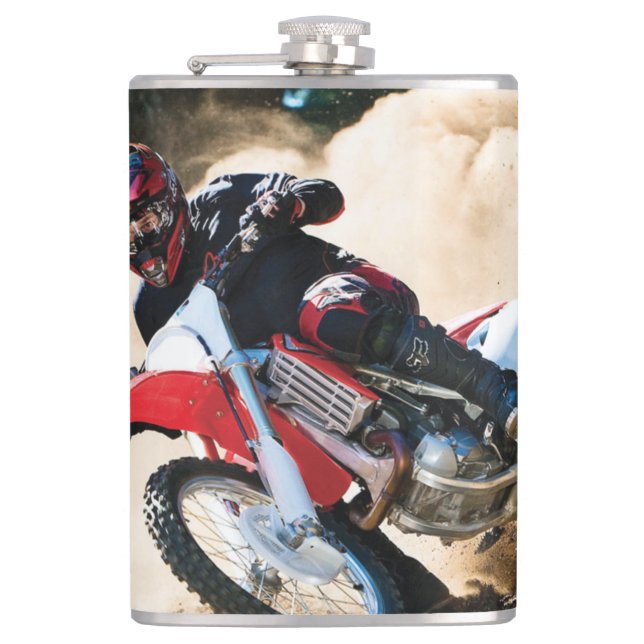 Motocross rider throw pillow hip flask (Front)