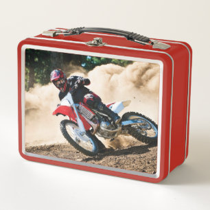 Motocross rider throw pillow metal lunch box