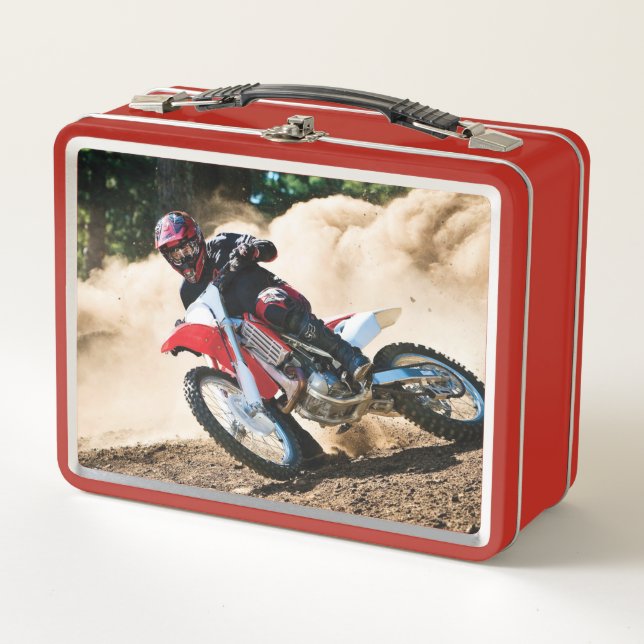 Motocross rider throw pillow metal lunch box (Front)