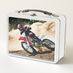 Motocross rider throw pillow metal lunch box
