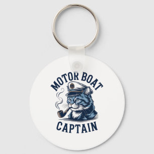 Motor Boat Captain Cat Shirt Funny Fishing Pontoon Key Ring