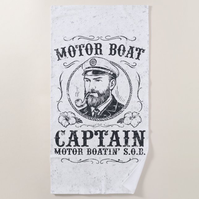Motor Boat Captain Funny Pontoon Boating Beach Towel (Front)