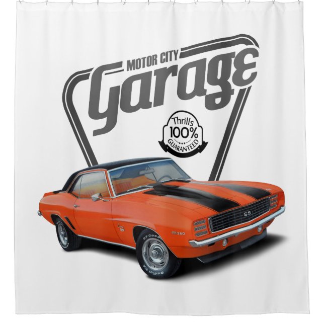 Motor City Garage Orange Camaro Shower Curtain (Front)