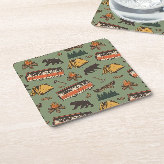Motor Home Camp Adventures Pattern Square Paper Coaster (Angled)