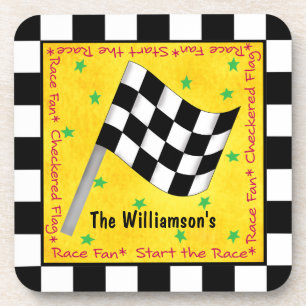 Motor Race Fan Chequered Flag Name Personalised Coaster