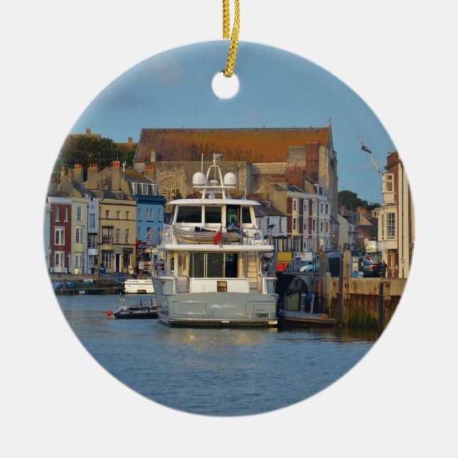 Motor Yacht In Weymouth Ceramic Tree Decoration (Front)